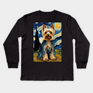 Yorkshire Terrier Yorkie Dog Breed in a Van Gogh Starry Night Art Style Kids Long Sleeve T-Shirt